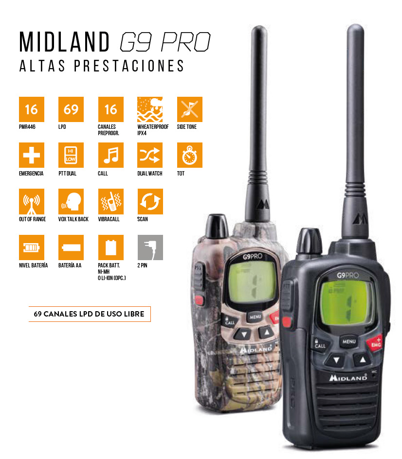 MIDLAND G9-PRO-KIT1 utilisation gratuite de walkie PMR 446 + Pinganill